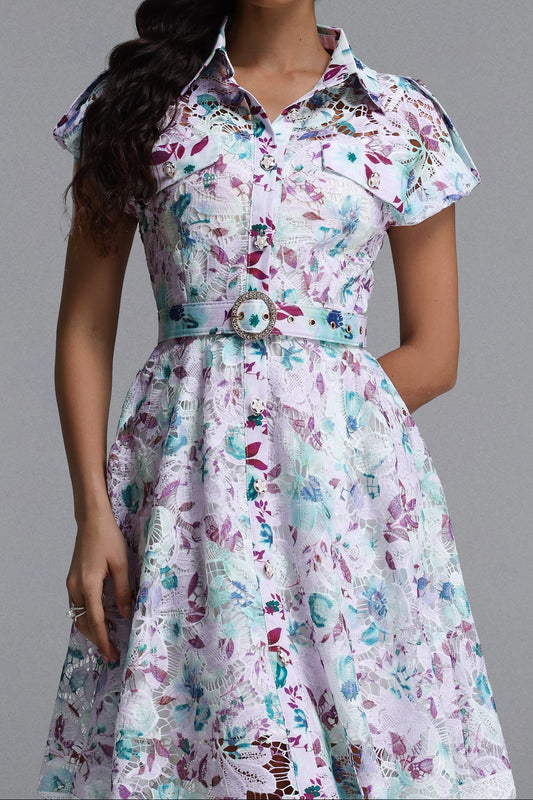 Pastel Floral Lace Collared Fit & Flare Midi Dress with Belt