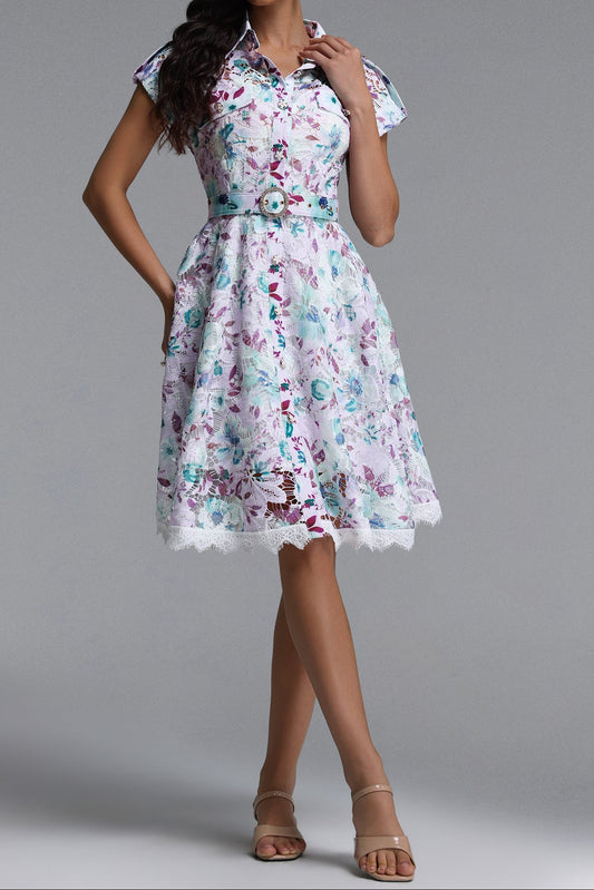 Pastel Floral Lace Collared Fit & Flare Midi Dress with Belt