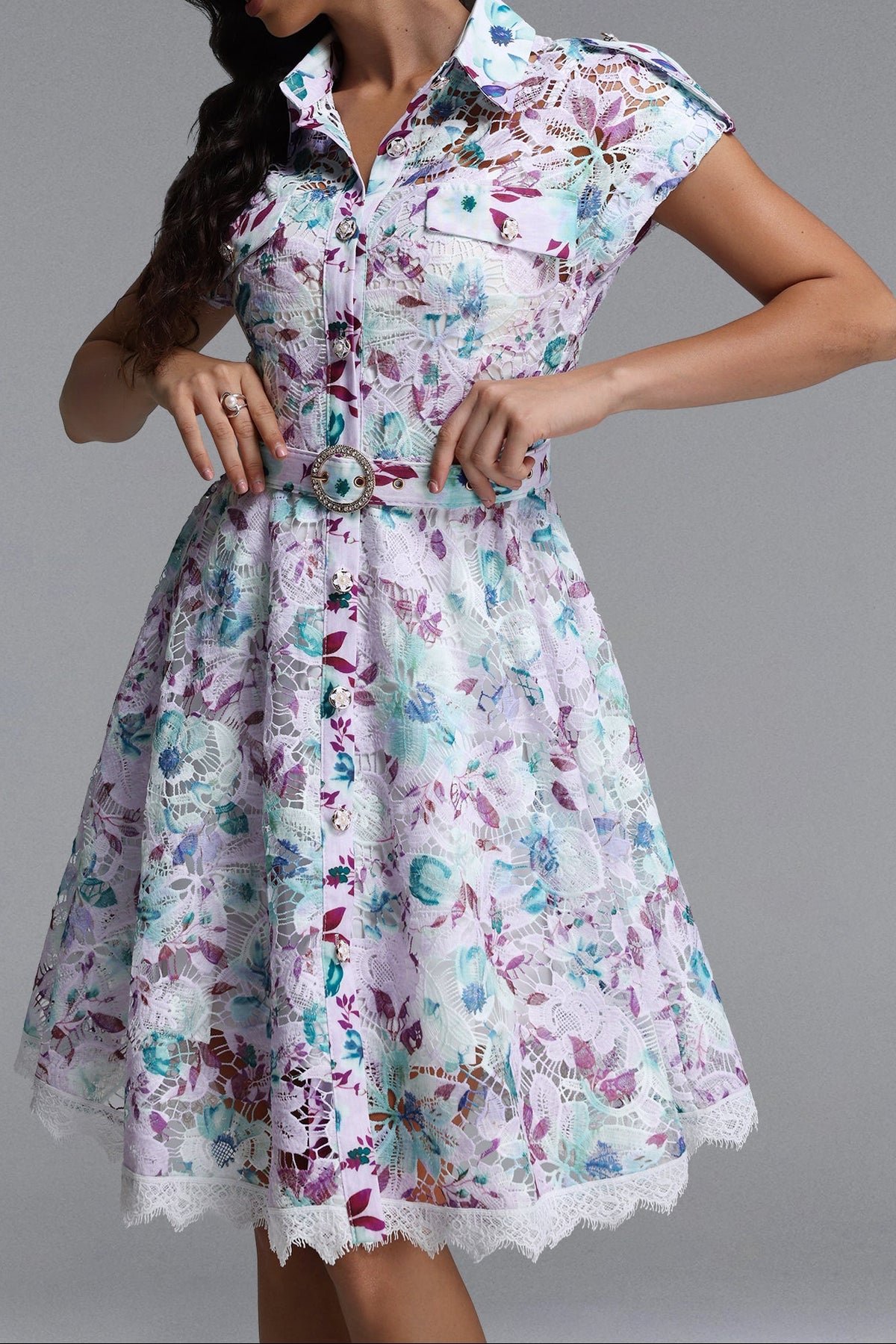 Pastel Floral Lace Collared Fit & Flare Midi Dress with Belt