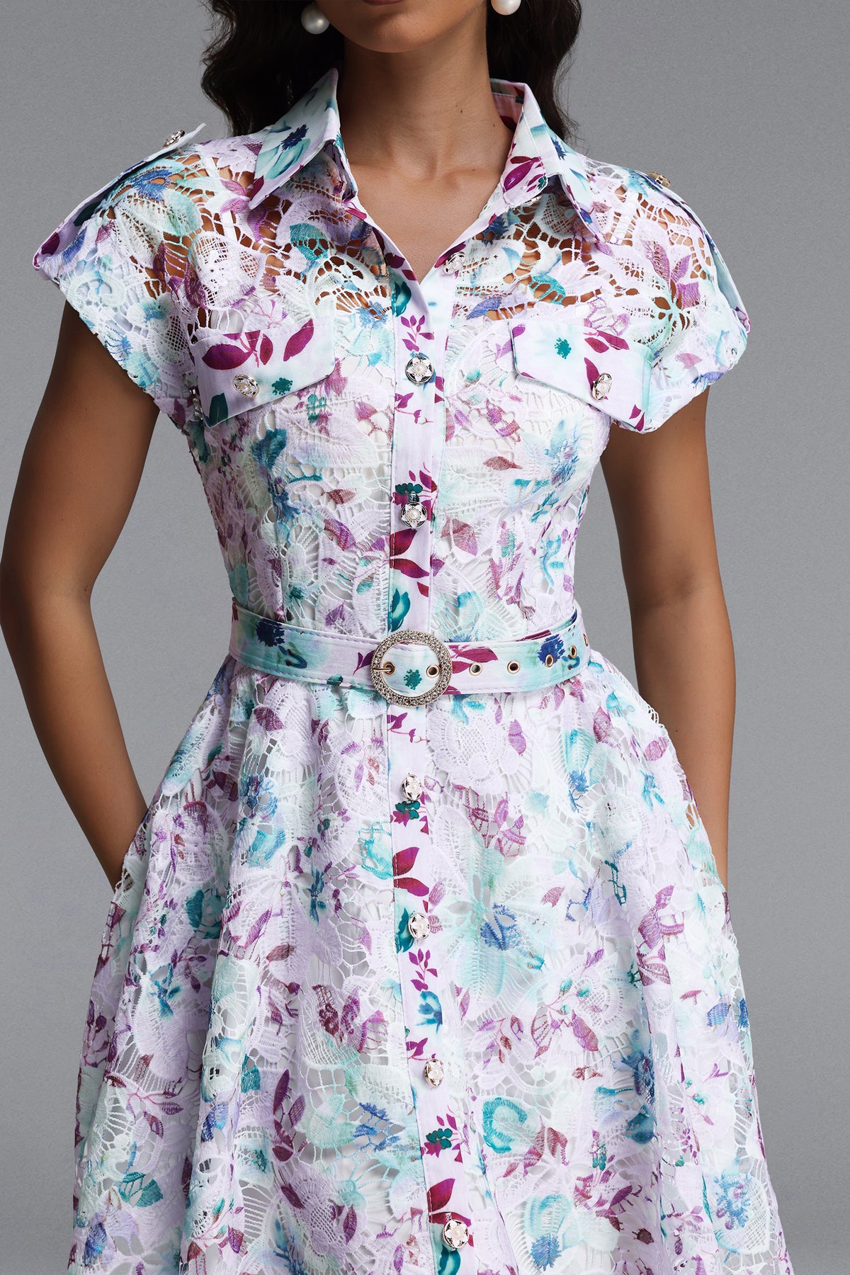 Pastel Floral Lace Collared Fit & Flare Midi Dress with Belt