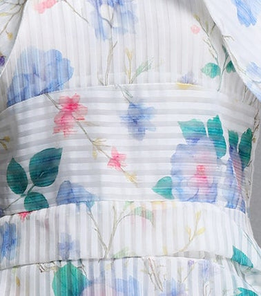 Watercolor Floral Vertical Pleated Puff Sleeve Tiered High Slit Midi Dress