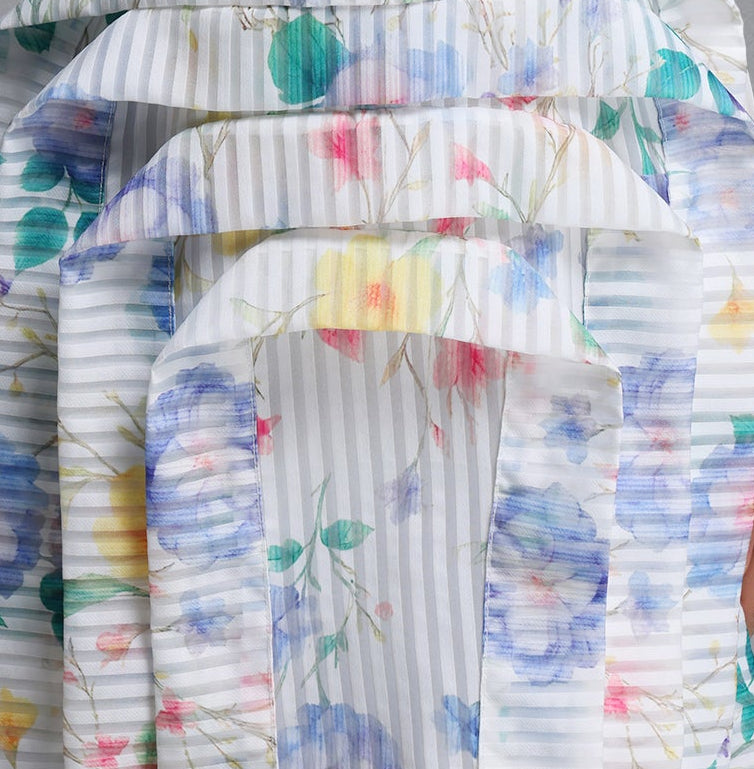 Watercolor Floral Vertical Pleated Puff Sleeve Tiered High Slit Midi Dress