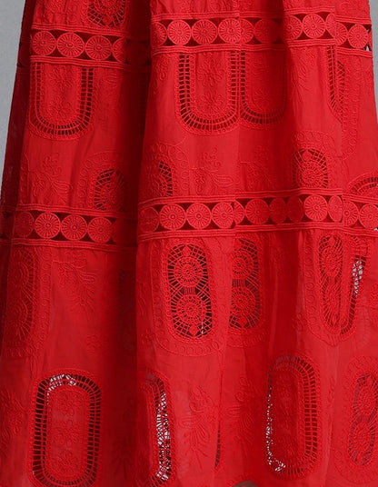 Red Ruffle Spaghetti Strap V Neck Cutout Eyelet Crop Top High Waist Tiered Maxi Skirt 2 Piece Outfit