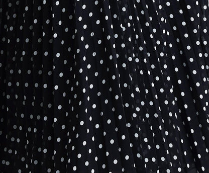 Black White Polka Dot Crisscross Strappy Cutout Pleated Midi Dress
