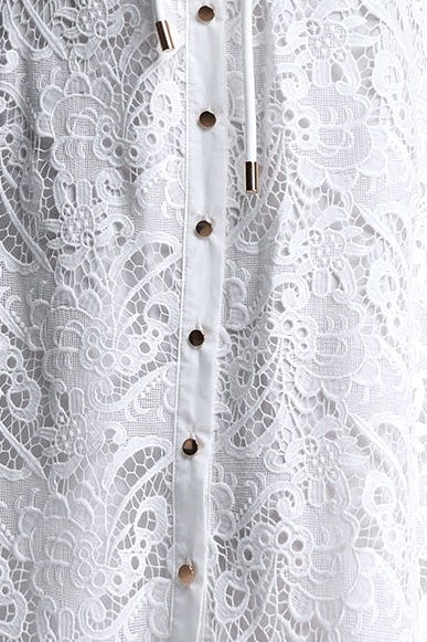 White Sleeveless Tie Neck Cargo Pocket Lace Midi Shirt Dress