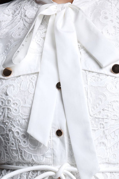 White Sleeveless Tie Neck Cargo Pocket Lace Midi Shirt Dress