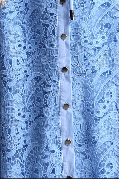 Sky Blue Sleeveless Tie Neck Cargo Pocket Floral Lace Midi Shirt Dress