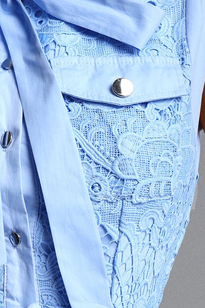 Sky Blue Sleeveless Tie Neck Cargo Pocket Floral Lace Midi Shirt Dress