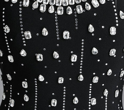 Black Vertical Rhinestone Pattern Halter Mini Bodycon Dress