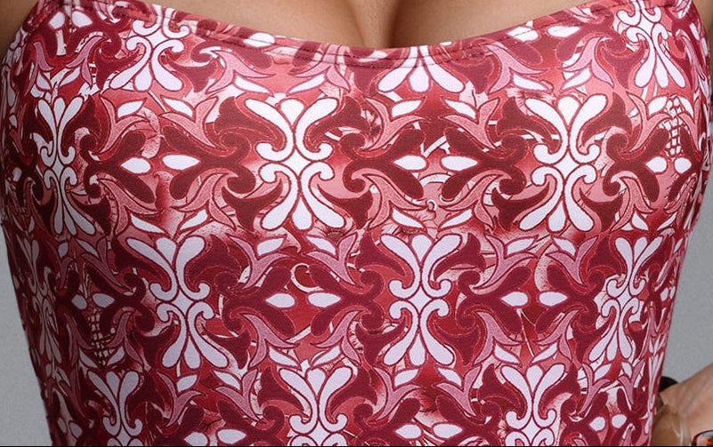 Red Floral Palm Print Beaded Tie Strap One Piece Swimsuit + Fringe Wrap Cover Up Skirt 2 Piece Beach Set