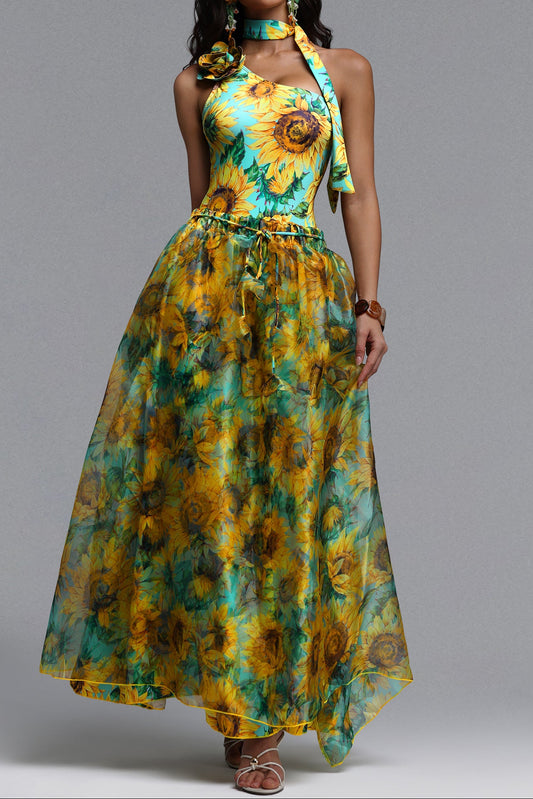 Sunflower Print One Shoulder Halter Choker One-Piece Swimsuit