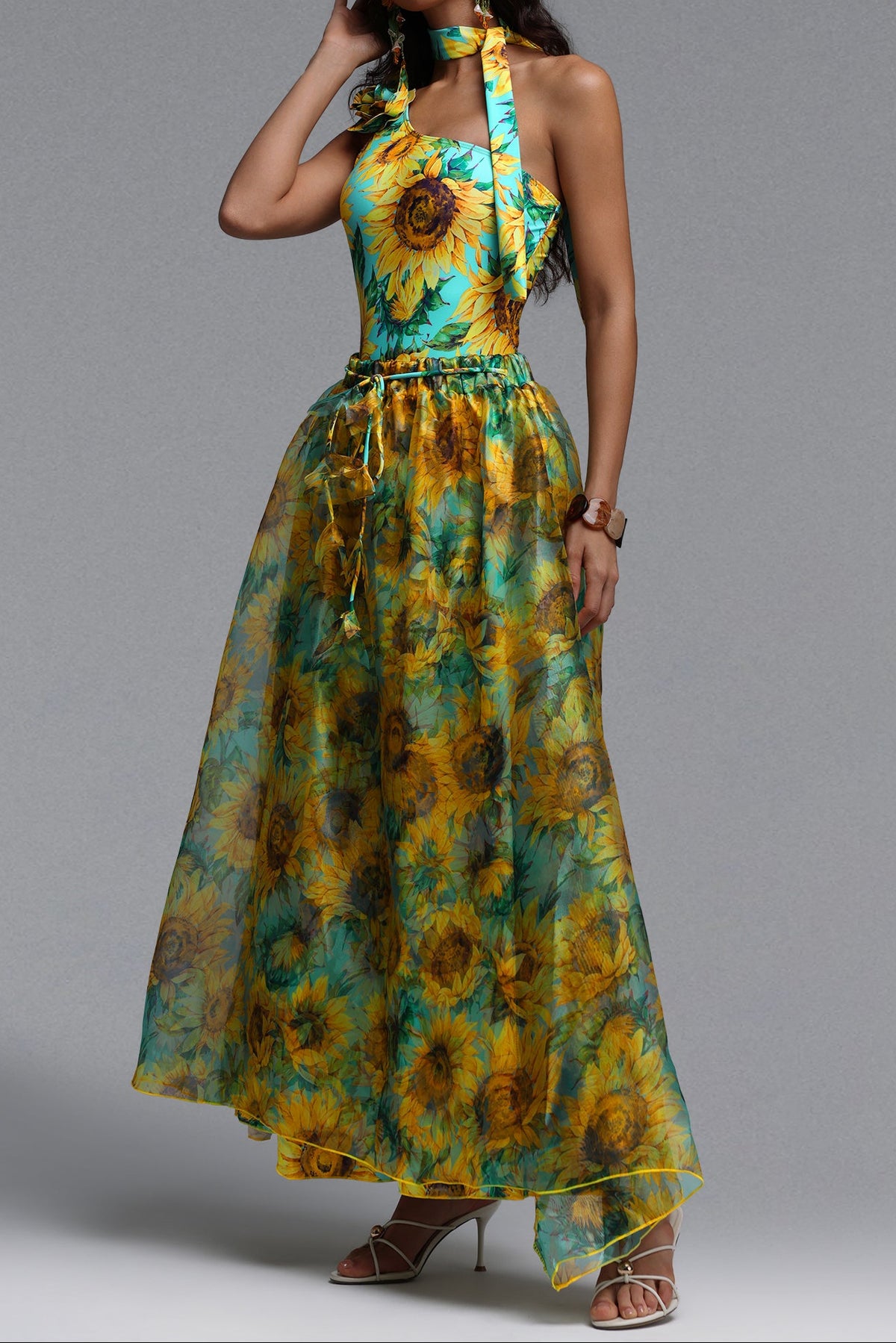 Sunflower Print One Shoulder Halter Choker One-Piece Swimsuit