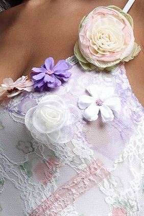 Pastel Floral Lace 3D Flower Spaghetti Strap Tulle Mermaid Midi Dress