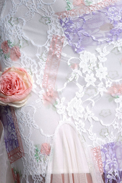 Pastel Floral Lace 3D Flower Spaghetti Strap Tulle Mermaid Midi Dress
