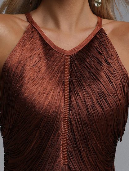 Chocolate Brown Halter Neck Draped Bodice Multi-Tier Long Fringe Bodycon Midi Party Dress