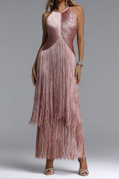 Dusty Pink Halter Layered Fringe Maxi Evening Dress
