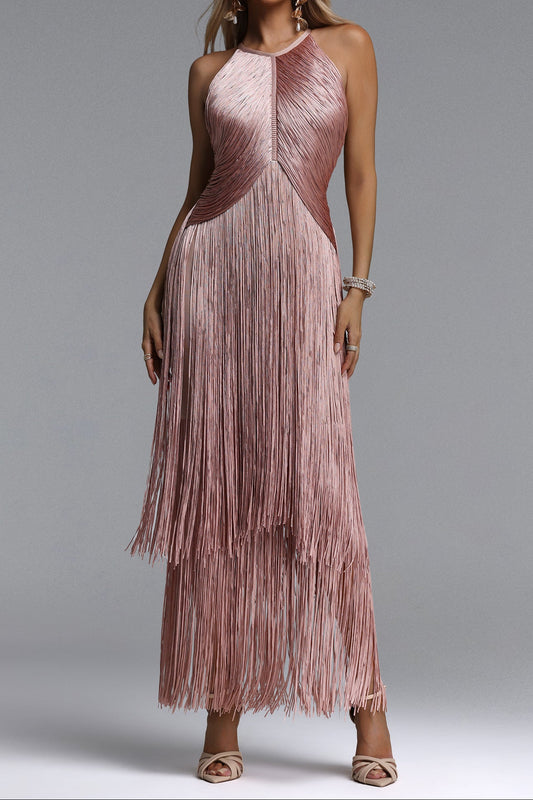 Dusty Pink Halter Layered Fringe Maxi Evening Dress