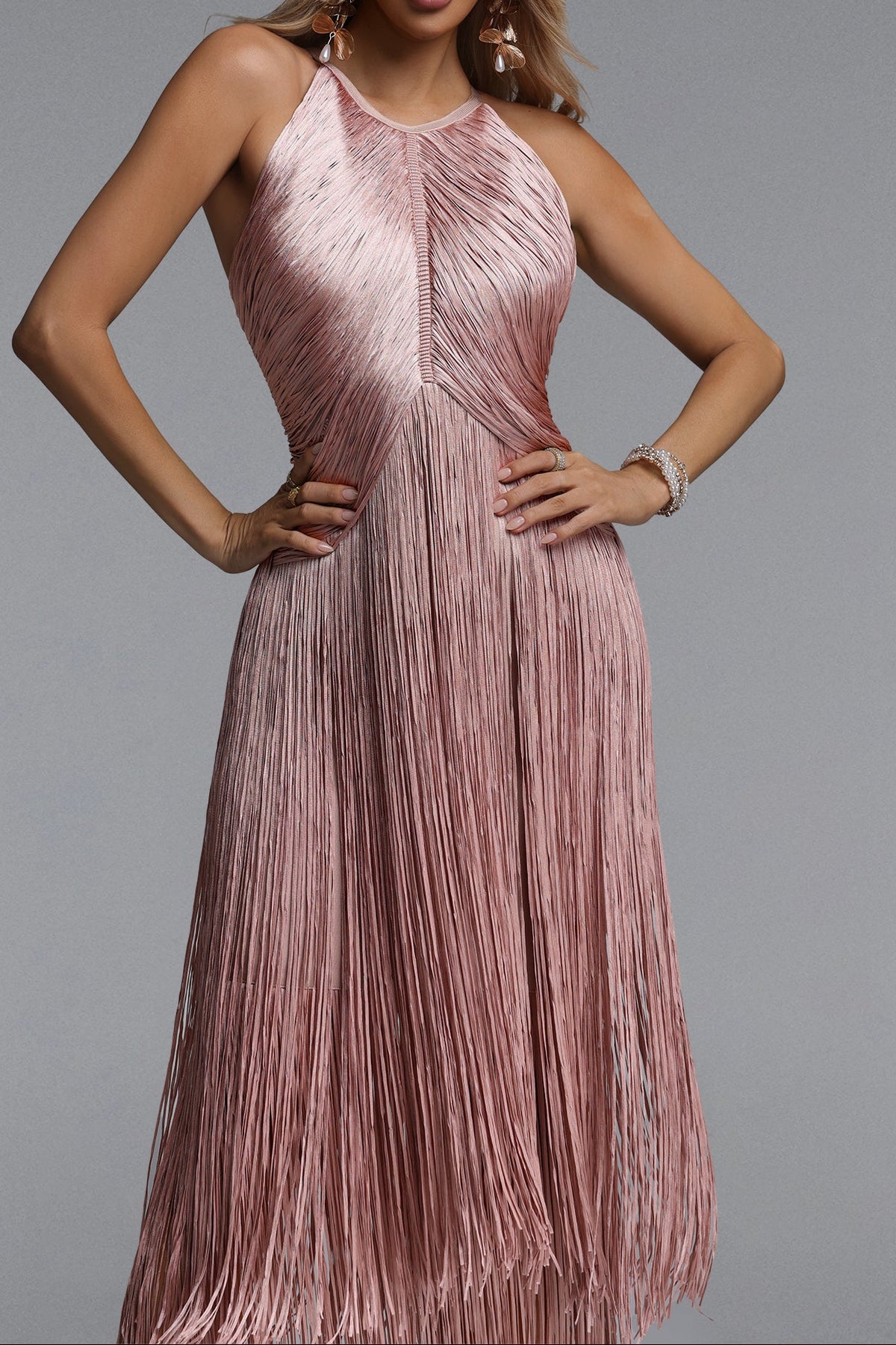 Dusty Pink Halter Layered Fringe Maxi Evening Dress