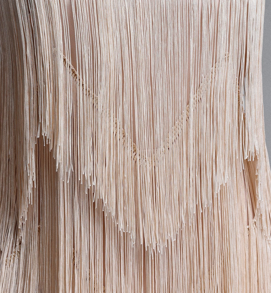 Champagne Multi-Layer Fringe Spaghetti Strap V-Neck Maxi Party Dress