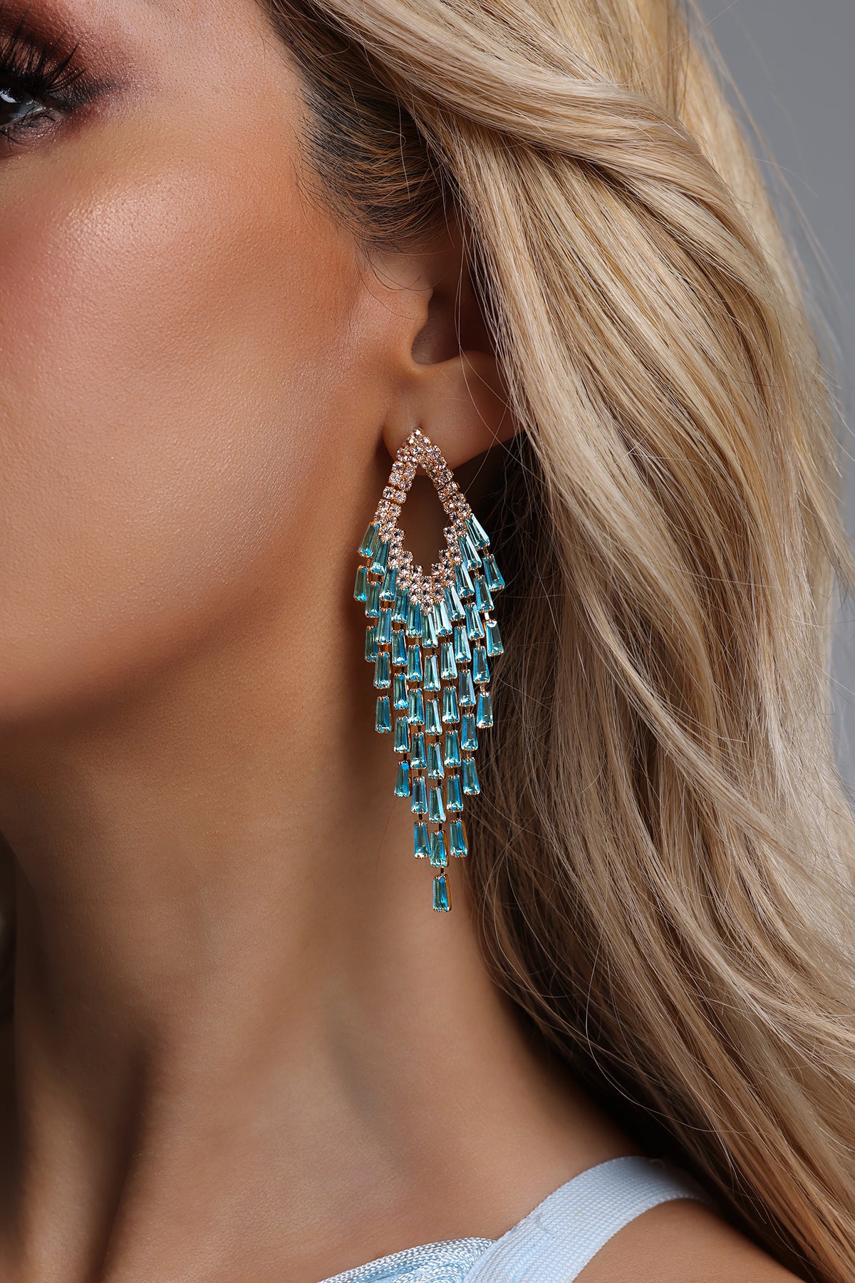 Teardrop Frame Aqua Baguette Crystal Tassel Drop Earrings