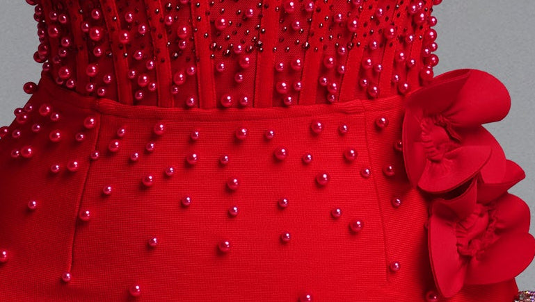 Red Square Neck Sleeveless Corset Beaded 3D Floral Bodycon Mermaid Maxi Dress