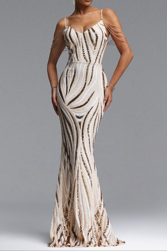 Champagne Linear Sequin Spaghetti Strap Mermaid Maxi Evening Gown