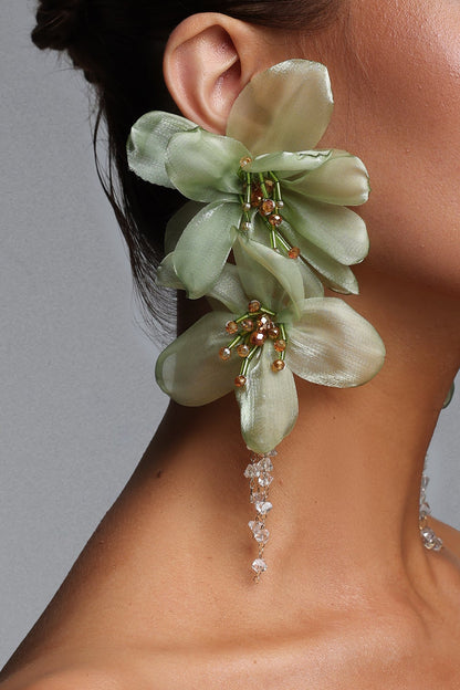 Light Green Organza Floral Crystal Tassel Drop Earrings