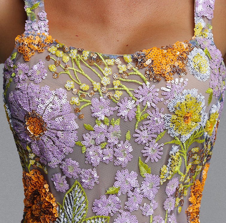 Multicolor 3D Floral Beaded Embroidery Spaghetti Strap Square Neck Sheer Mesh High Side Slit Mermaid Maxi Dress