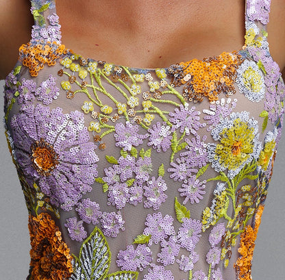 Multicolor 3D Floral Beaded Embroidery Spaghetti Strap Square Neck Sheer Mesh High Side Slit Mermaid Maxi Dress