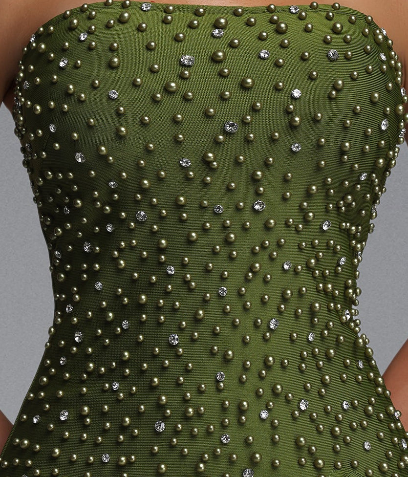 Olive Green Strapless Sweetheart Full Rhinestone Beaded Peplum Waist Mermaid Floor Length Formal Gown