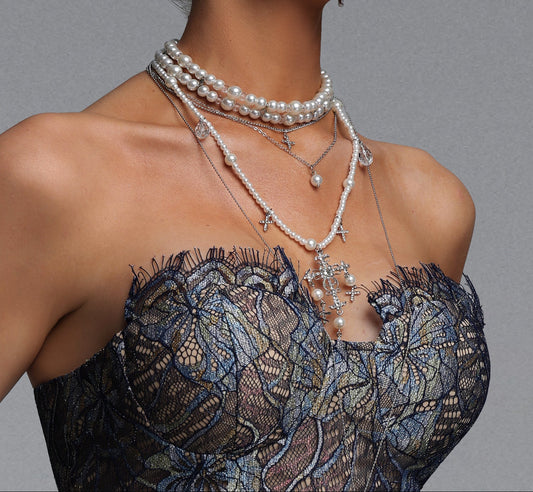 Multi-Layer Pearl Cross Rhinestone Stacked Necklace Set