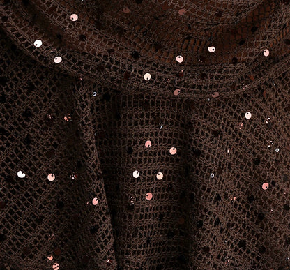 Brown Sequin Crochet Halter Cowl Neck Ruffle Mini Dress