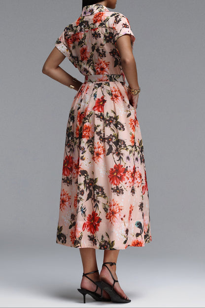 Light Pink Red Floral Print Collared Short Sleeve Belted Midi Shirt Dress