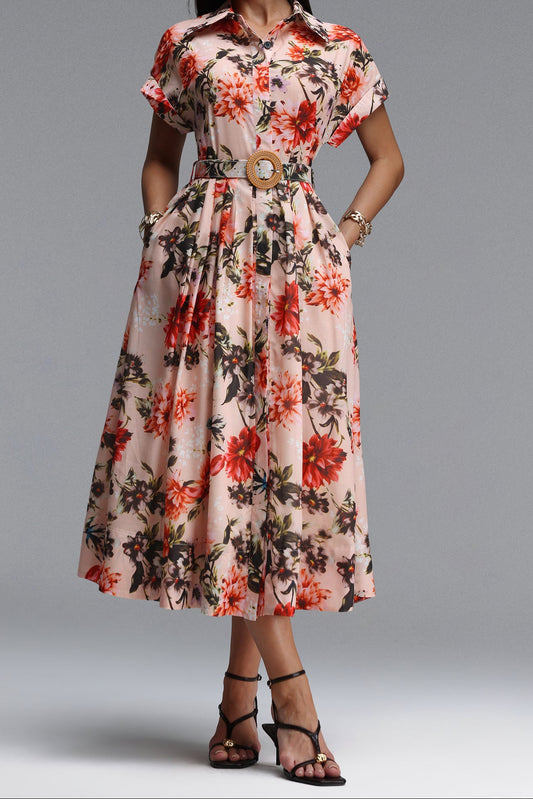 Light Pink Red Floral Print Collared Short Sleeve Belted Midi Shirt Dress