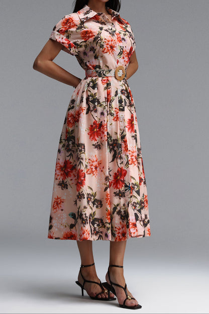 Light Pink Red Floral Print Collared Short Sleeve Belted Midi Shirt Dress