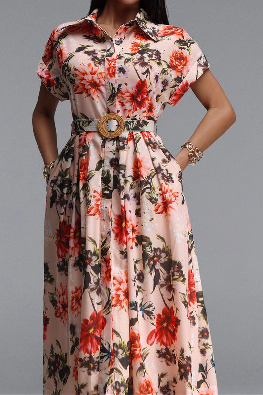 Light Pink Red Floral Print Collared Short Sleeve Belted Midi Shirt Dress