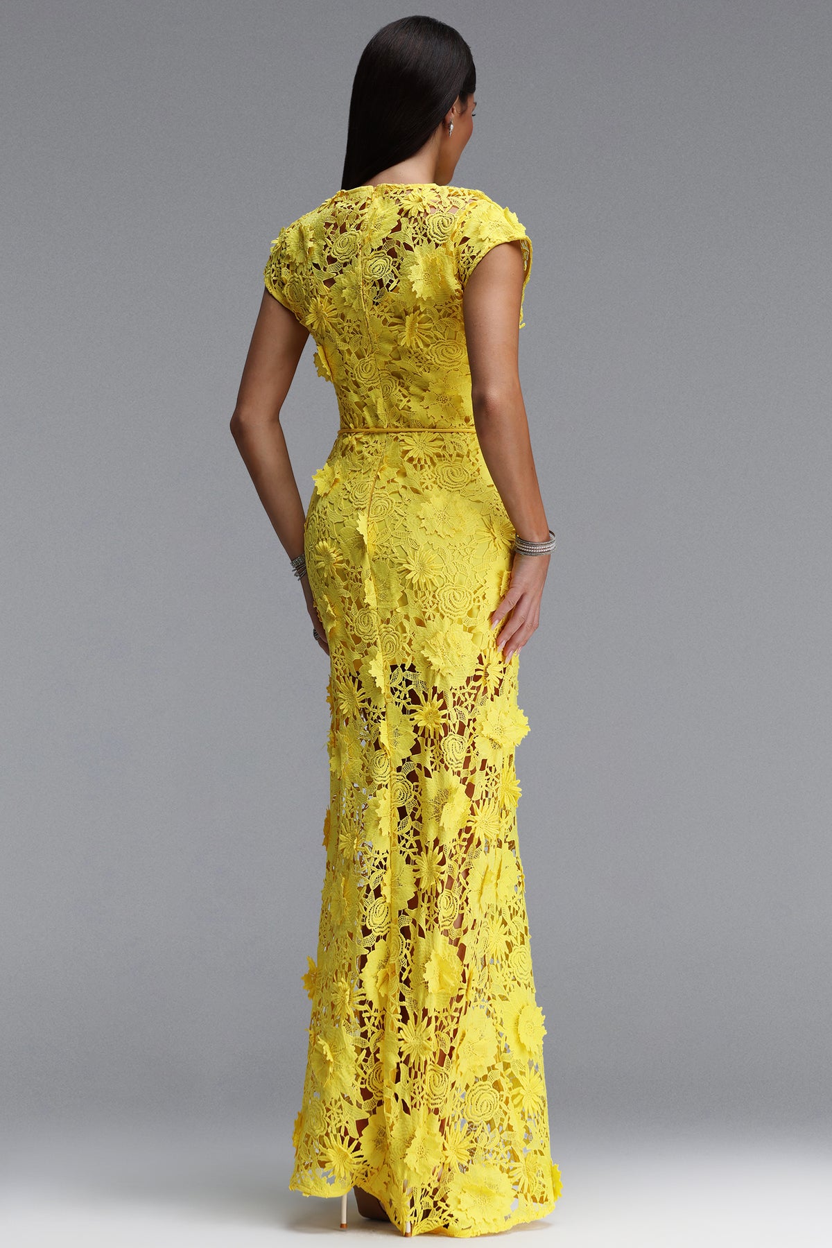 Bright Yellow 3D Floral Lace Cap Sleeve Belted Mermaid Maxi Dress