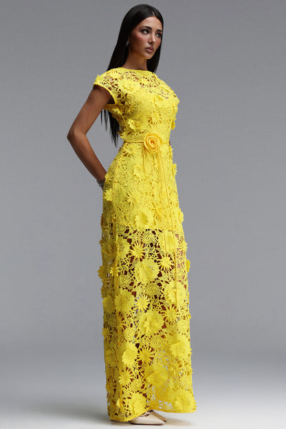 Bright Yellow 3D Floral Lace Cap Sleeve Belted Mermaid Maxi Dress
