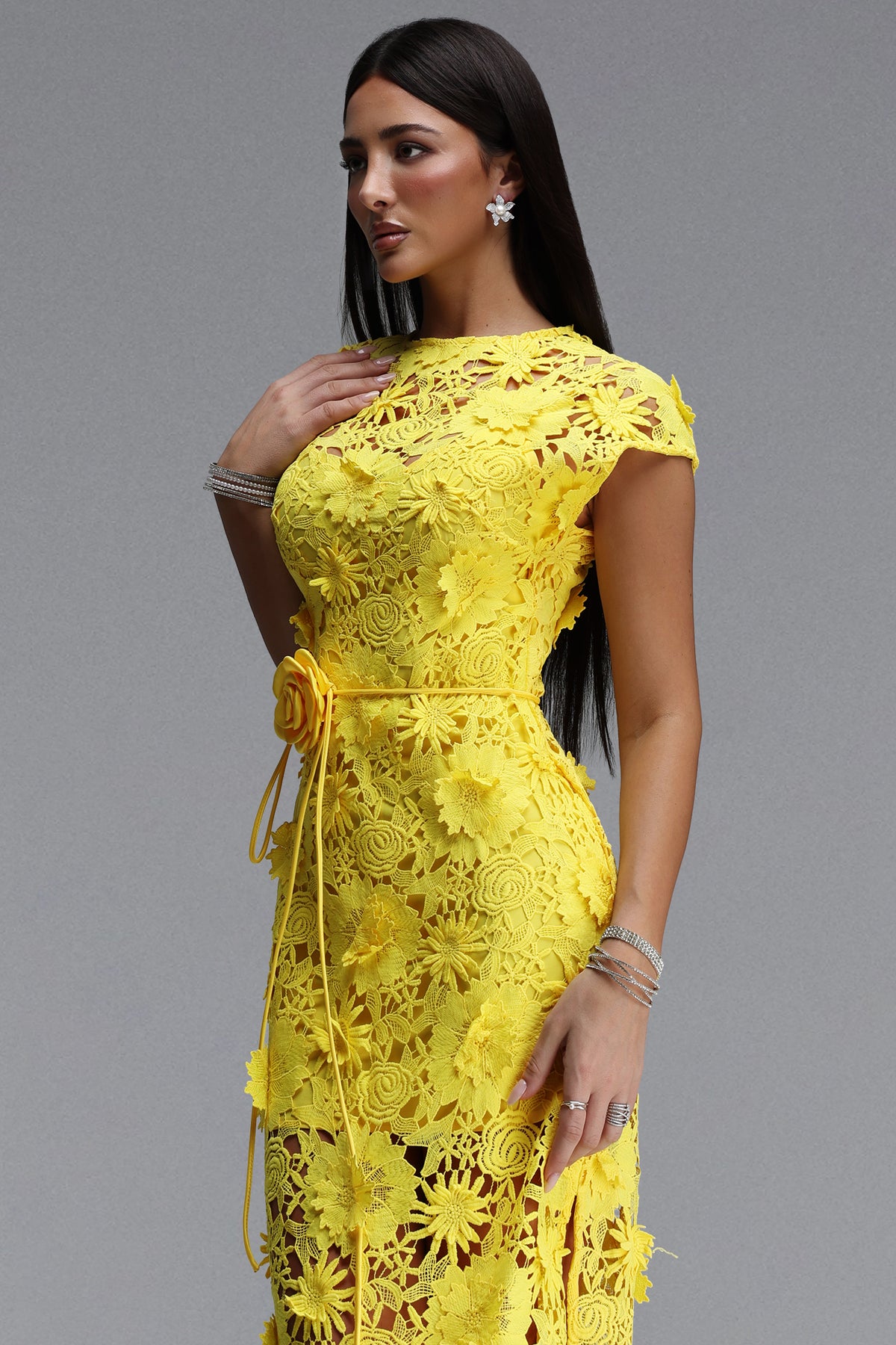 Bright Yellow 3D Floral Lace Cap Sleeve Belted Mermaid Maxi Dress