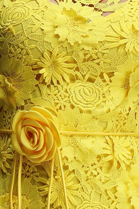 Bright Yellow 3D Floral Lace Cap Sleeve Belted Mermaid Maxi Dress