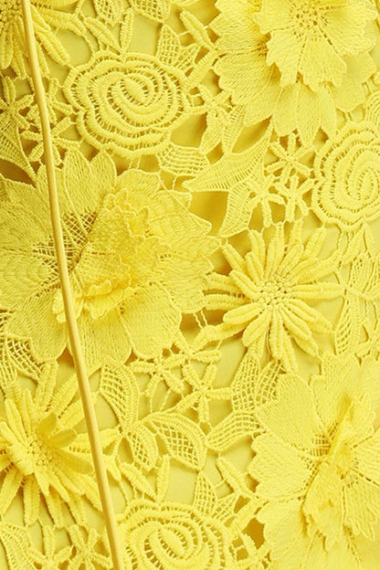 Bright Yellow 3D Floral Lace Cap Sleeve Belted Mermaid Maxi Dress
