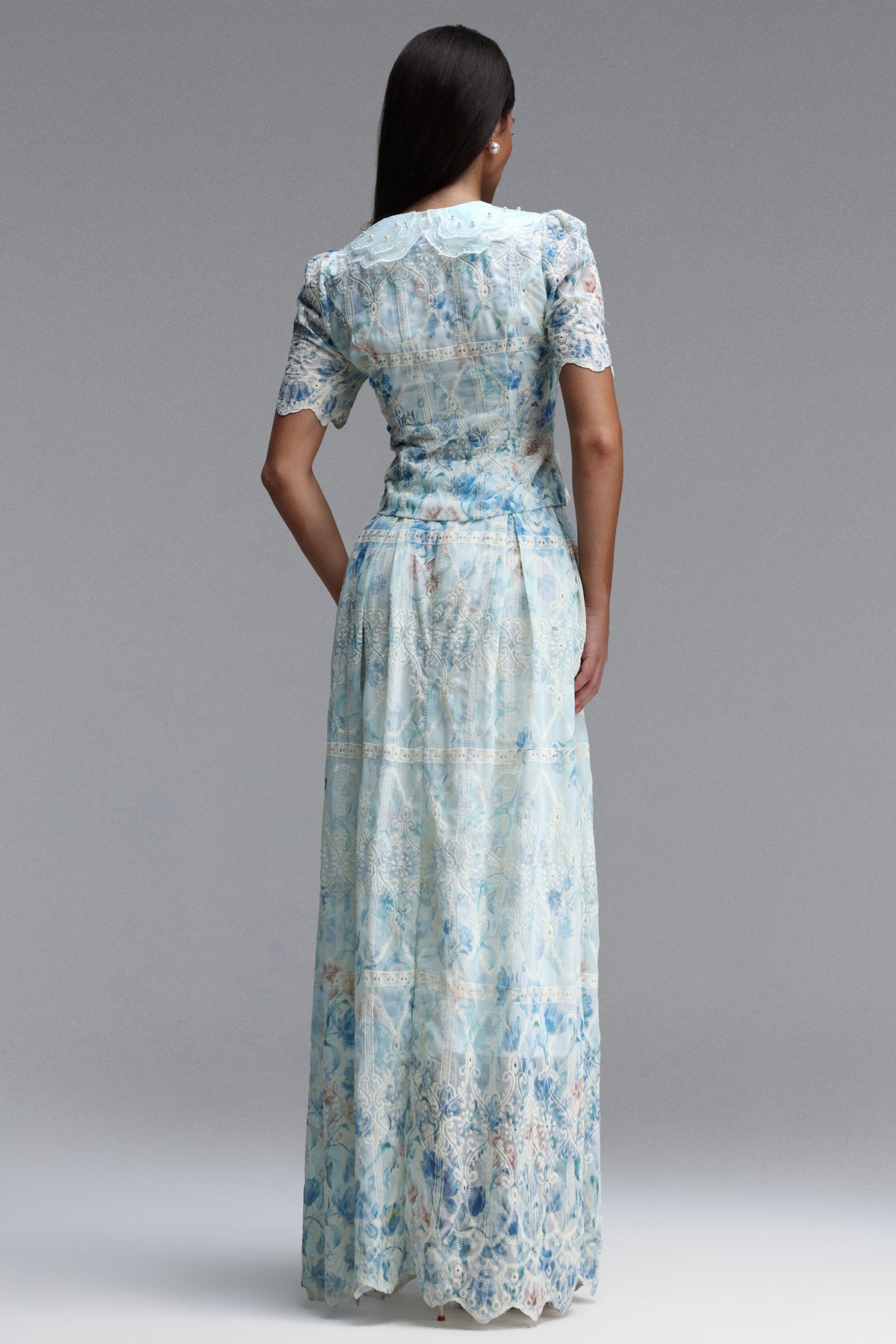 Light Blue Floral Lace Peter Pan Collar Crop Top & Wide Leg Maxi Skirt Two-Piece Set
