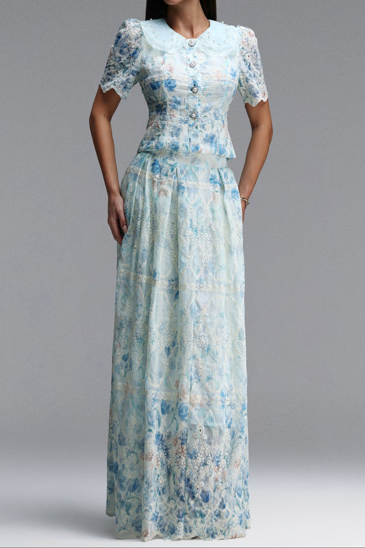Light Blue Floral Lace Peter Pan Collar Crop Top & Wide Leg Maxi Skirt Two-Piece Set