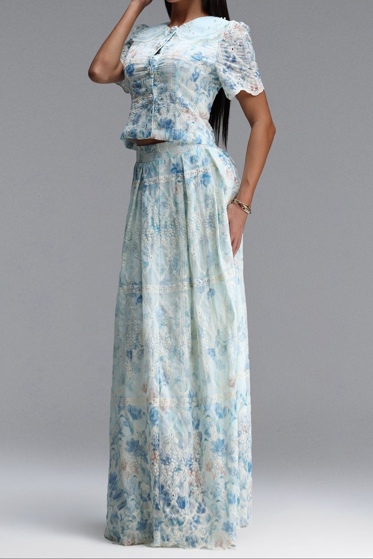 Light Blue Floral Lace Peter Pan Collar Crop Top & Wide Leg Maxi Skirt Two-Piece Set