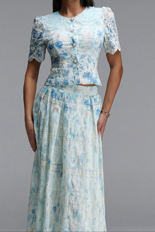 Light Blue Floral Lace Peter Pan Collar Crop Top & Wide Leg Maxi Skirt Two-Piece Set