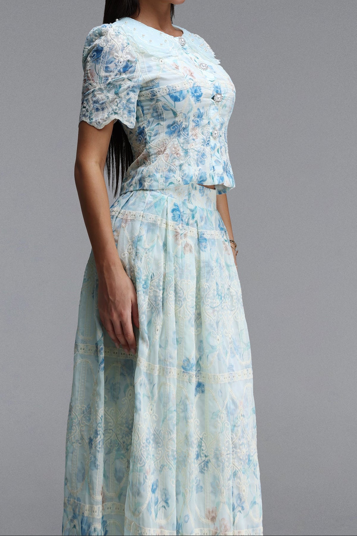 Light Blue Floral Lace Peter Pan Collar Crop Top & Wide Leg Maxi Skirt Two-Piece Set