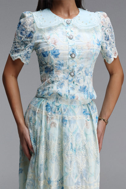 Light Blue Floral Lace Peter Pan Collar Crop Top & Wide Leg Maxi Skirt Two-Piece Set