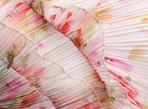 Pastel Pink Floral Pleated Halter Ruffle High Slit Maxi Dress