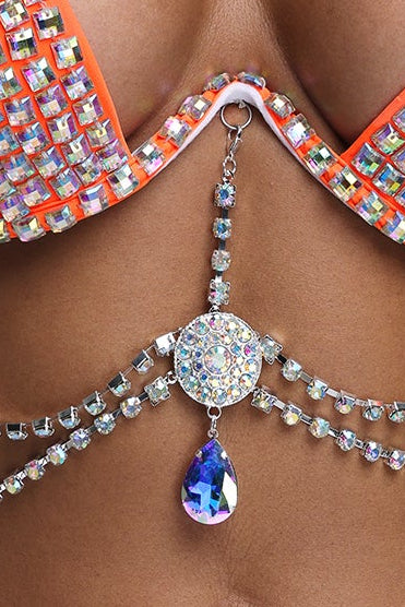 Orange Rhinestone Halter Two‑Piece Bikini Set With Crystal Body Chain
