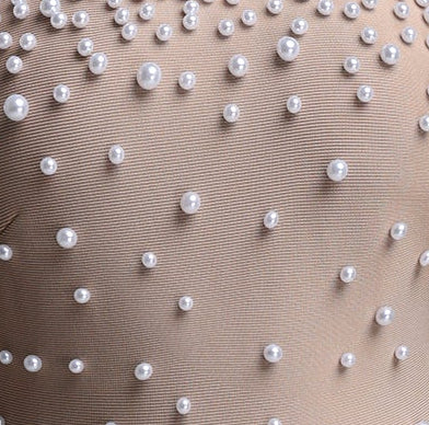 Nude Pearl Encrusted High Halter Neck Sleeveless Bodycon Mini Dress